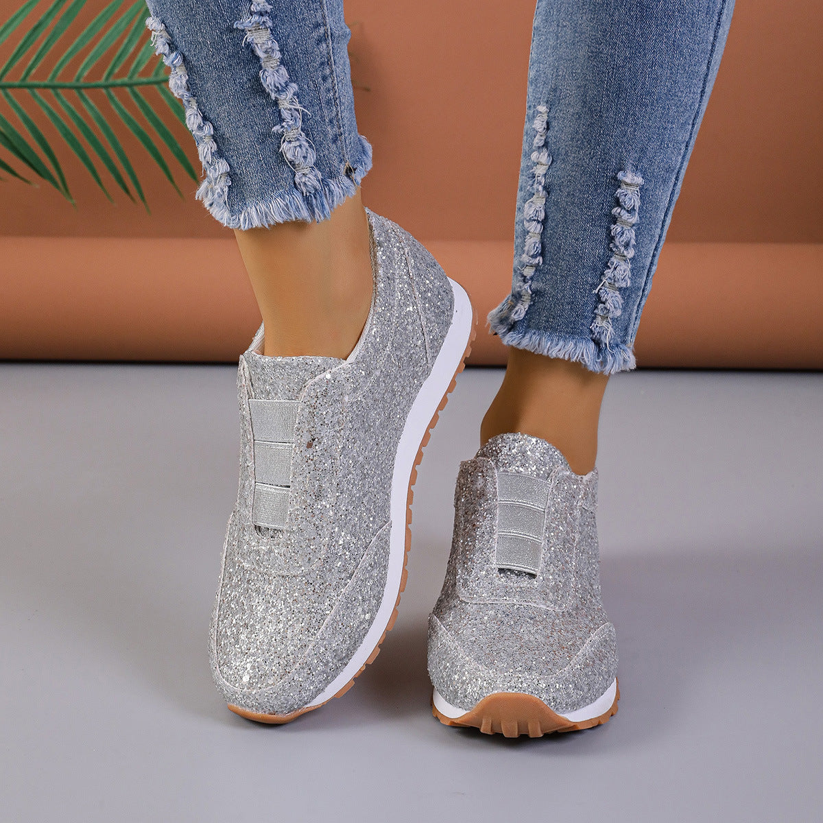 Women's Slip-On Sneakers with Sequin Upper and Cushioned Sole - Low Profile Casual Shoes