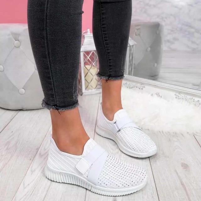 Women's Slip-On Sneakers with Velcro – Comfortable Breathable Walking Shoes – White Sneakers for Casual Style