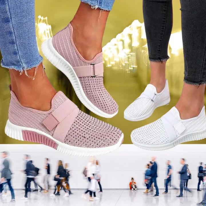 Women's Slip-On Sneakers with Velcro – Comfortable Breathable Walking Shoes – White Sneakers for Casual Style