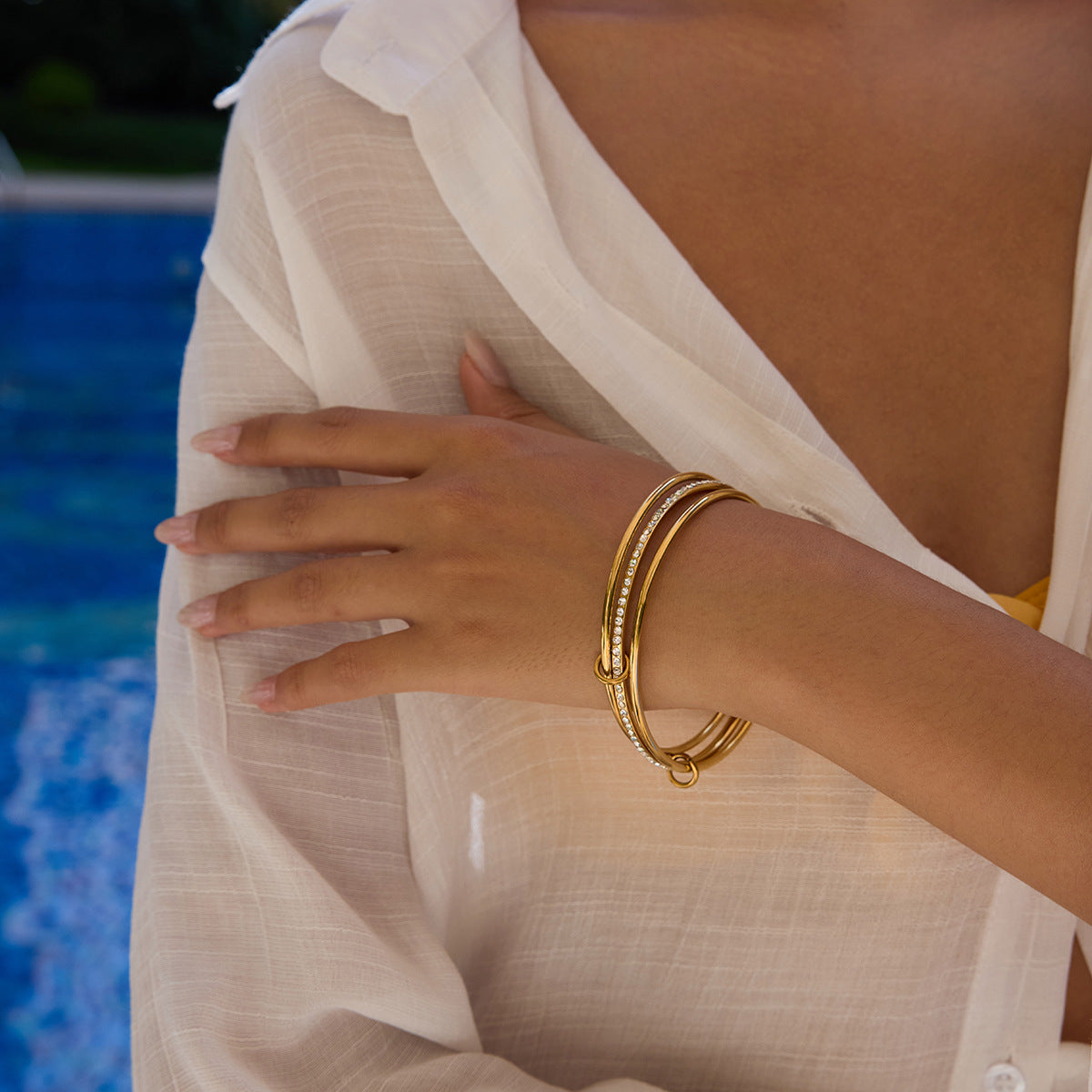 Women's Stacked Bracelet Gold Stainless Steel with Diamonds