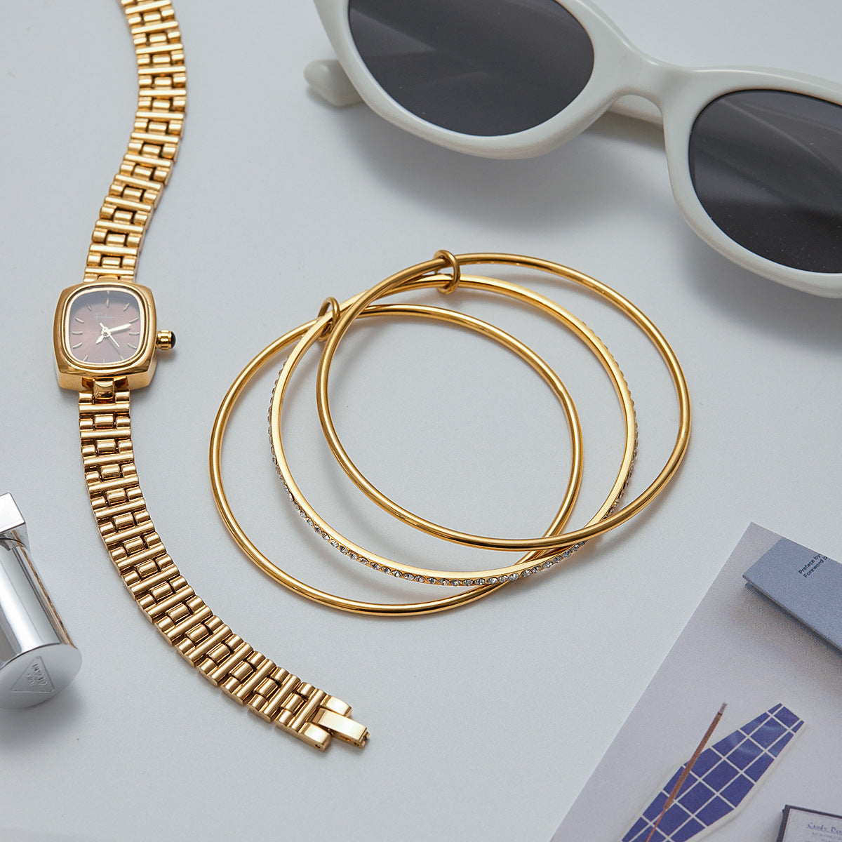 Women's Stacked Bracelet Gold Stainless Steel with Diamonds