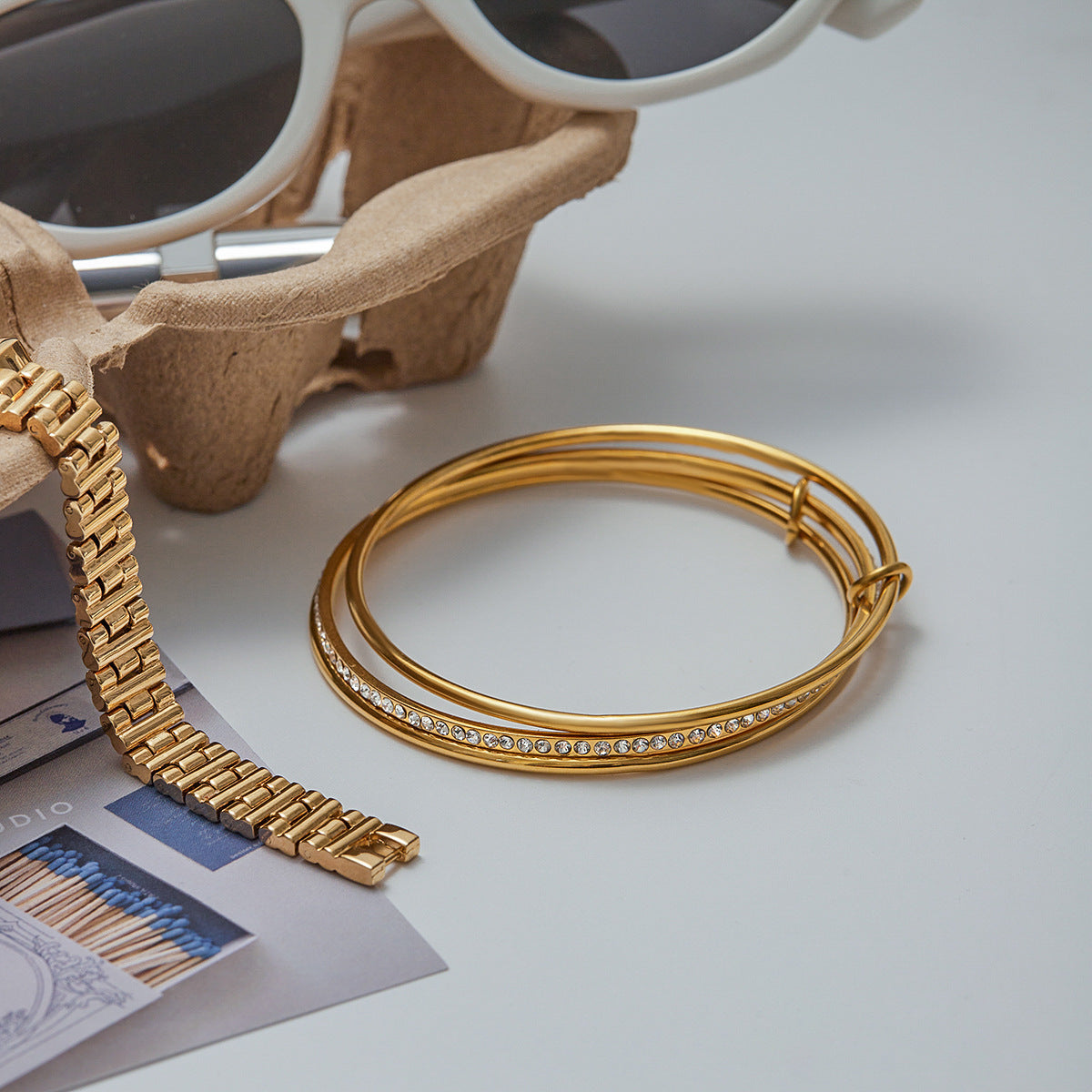 Women's Stacked Bracelet Gold Stainless Steel with Diamonds