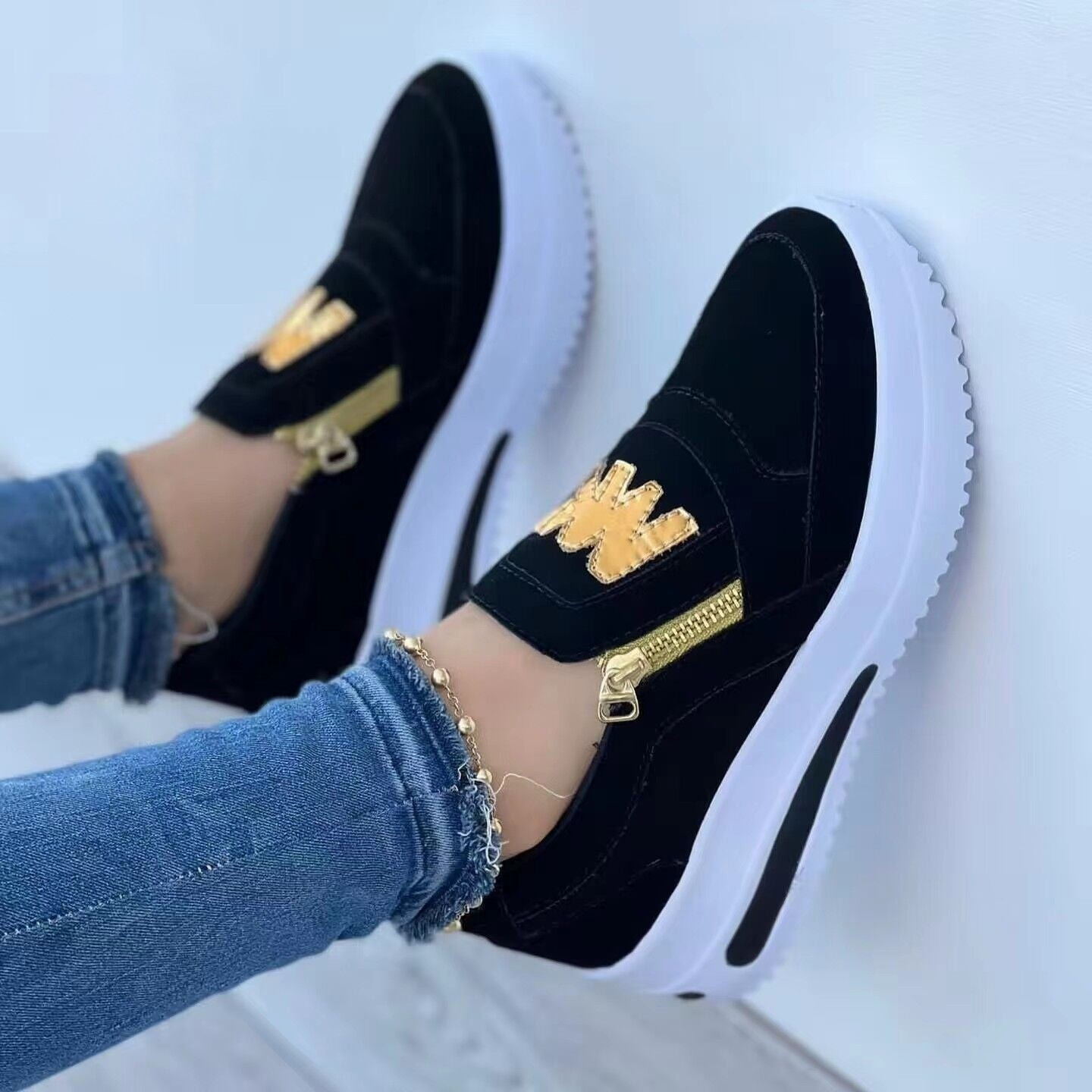 Women's Suede Low-Top Sneakers with Side Zipper and Thick Rubber Sole – Comfortable Casual Footwear