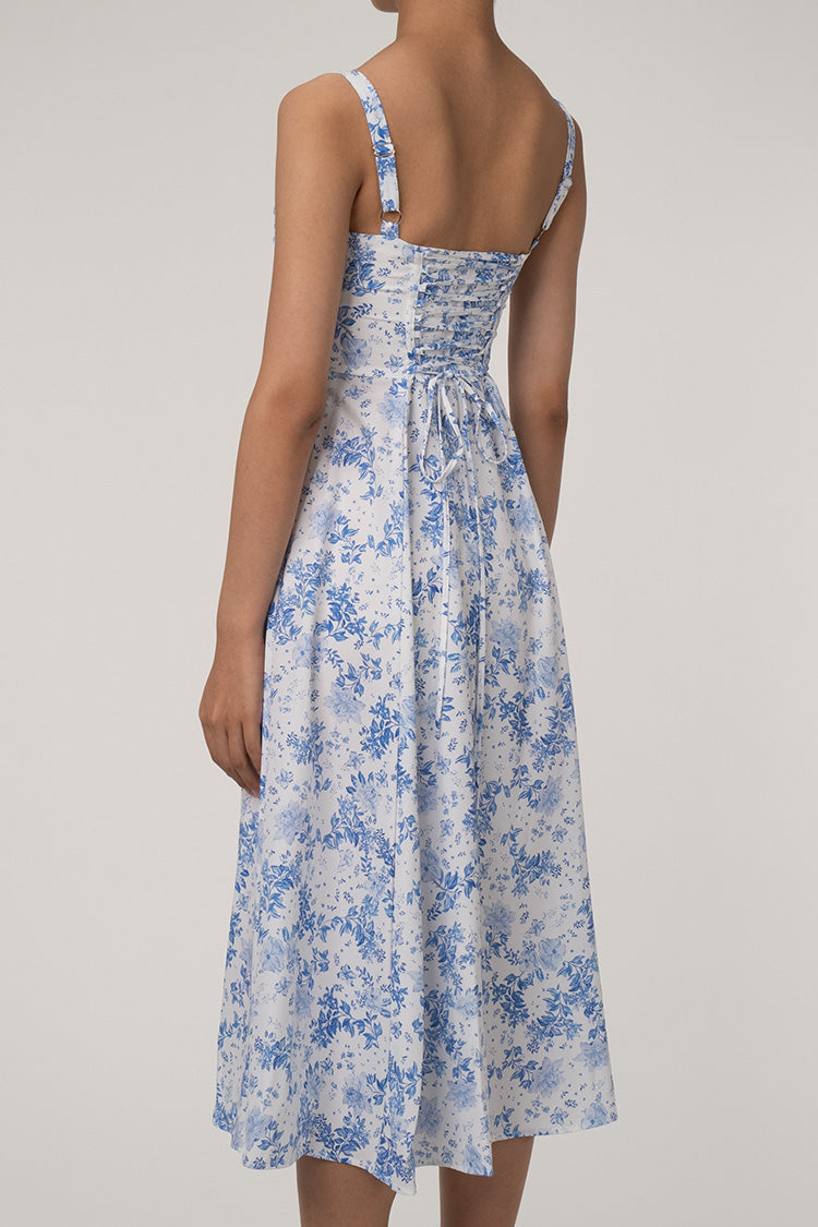 Women's Summer Dress Blue Floral Cotton Fit & Flare