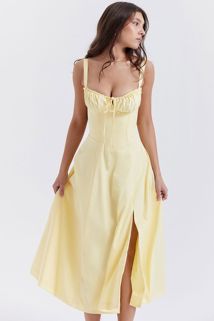 Women's Summer Dress Yellow Cotton Fit & Flare Midi Sundress