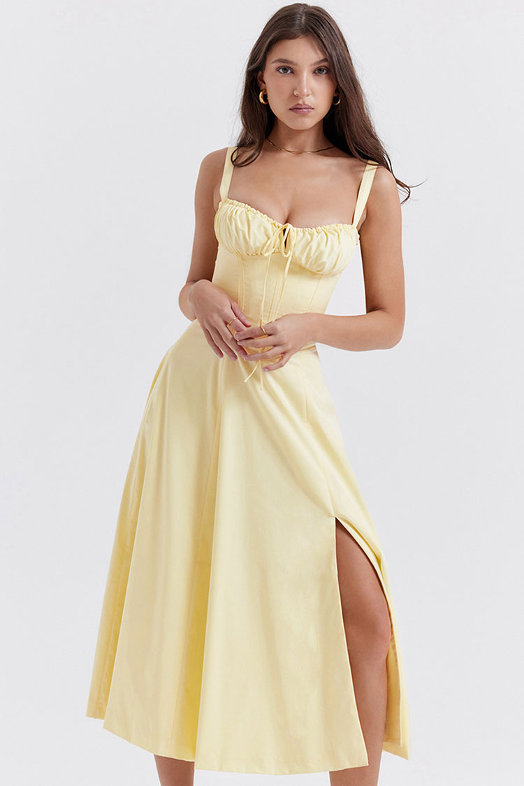Women's Summer Dress Yellow Cotton Fit & Flare Midi Sundress