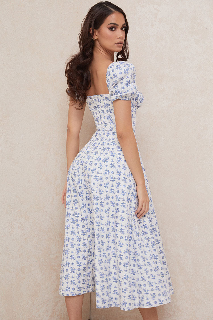 Women's Summer Midi Dress Blue Floral Cotton