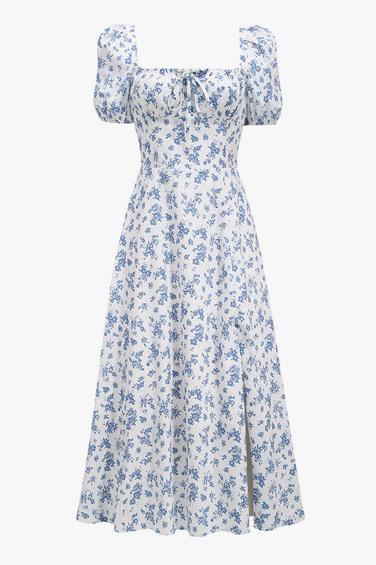 Women's Summer Midi Dress Blue Floral Cotton