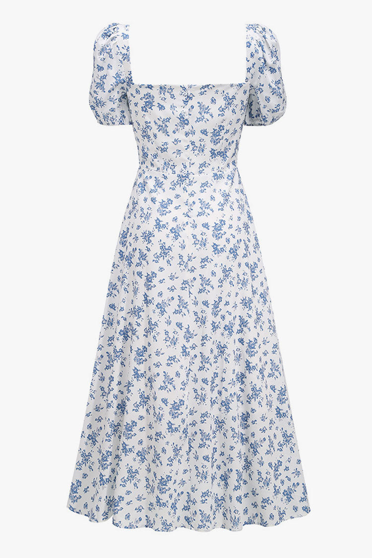 Women's Summer Midi Dress Blue Floral Cotton
