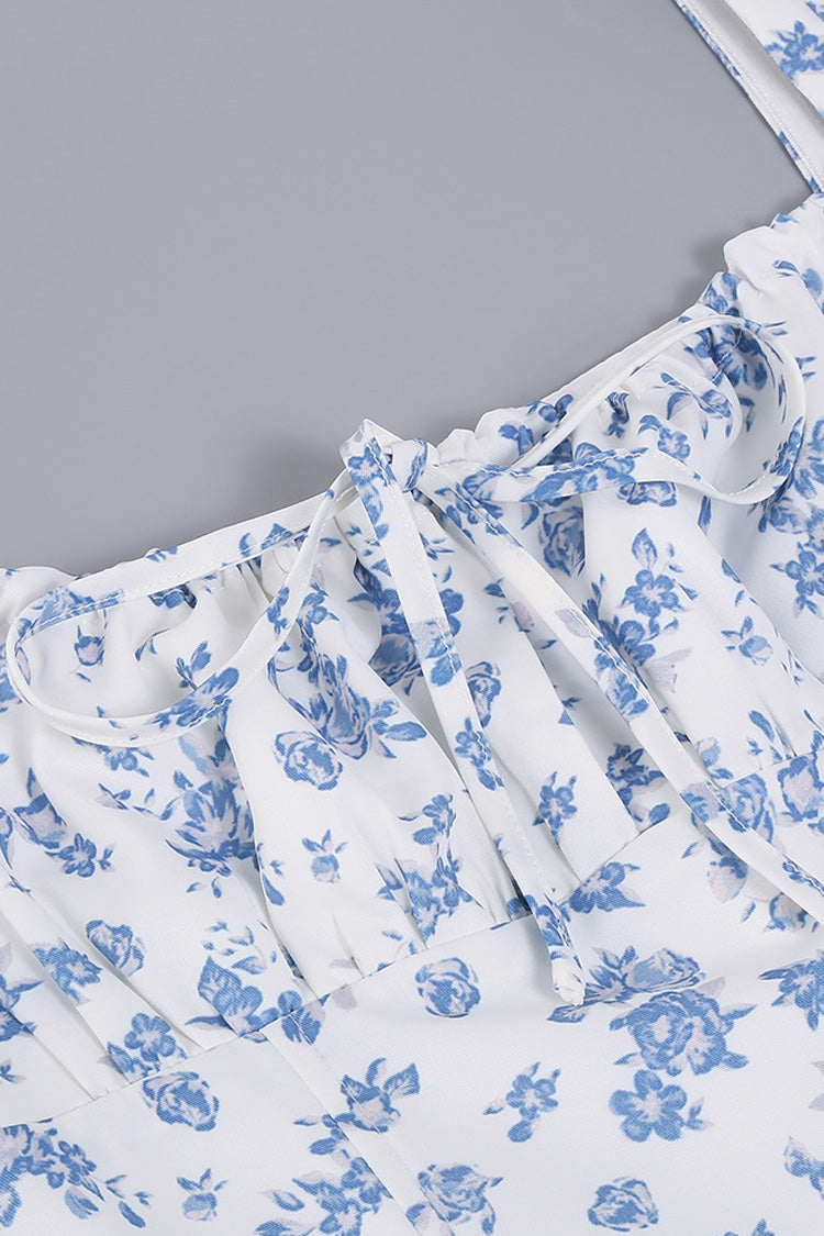 Women's Summer Midi Dress Blue Floral Cotton