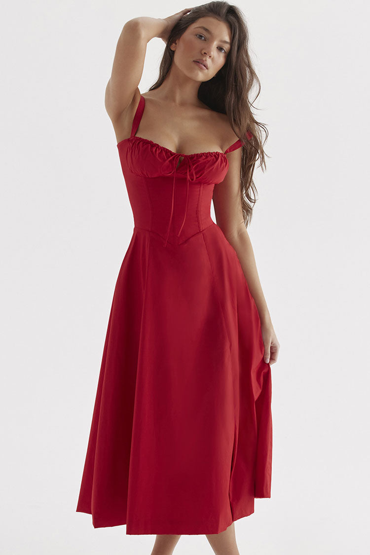 Women's Summer Midi Dress Red Cotton Fit & Flare