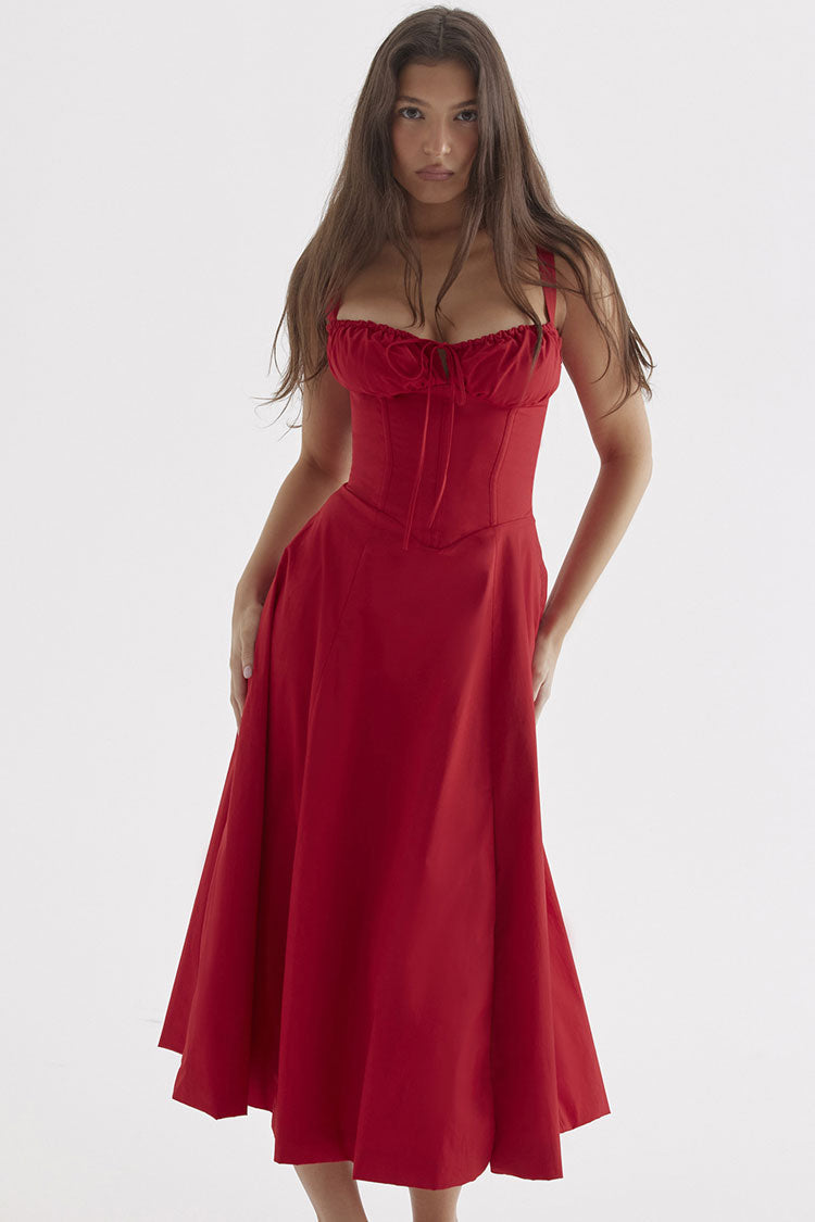 Women's Summer Midi Dress Red Cotton Fit & Flare