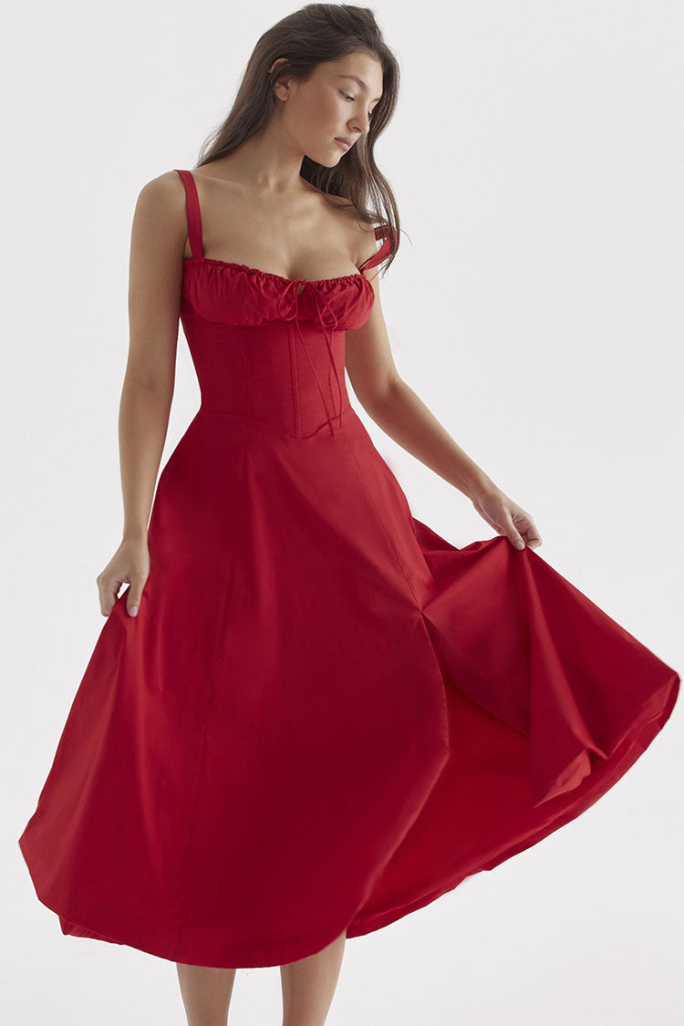 Women's Summer Midi Dress Red Cotton Fit & Flare