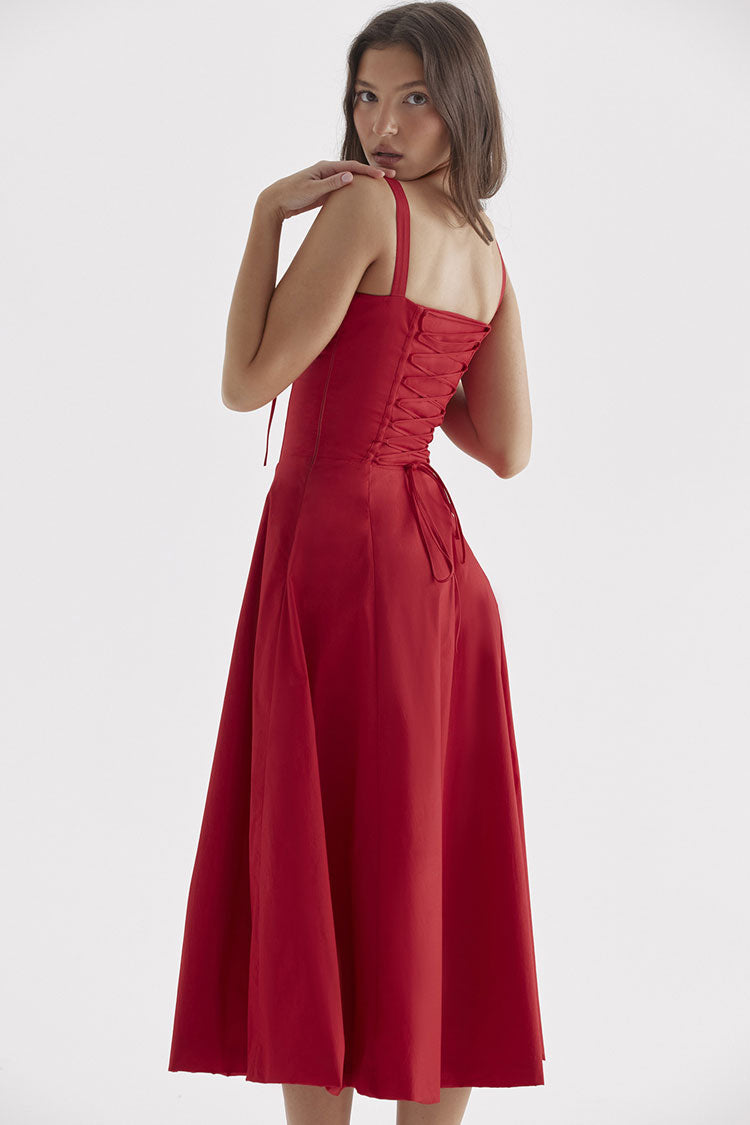 Women's Summer Midi Dress Red Cotton Fit & Flare