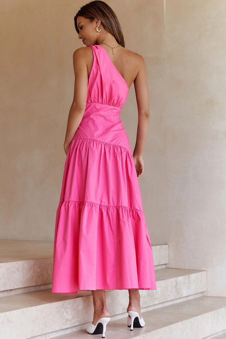 Women's Summer Midi Dress Rose Polyester One Shoulder Flowy