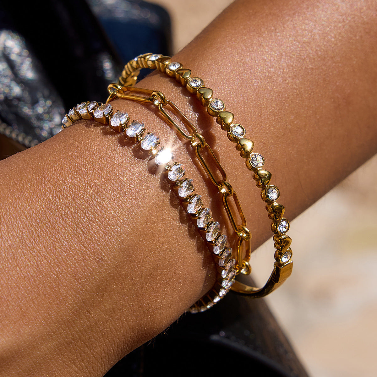 Women's Tennis Bracelet Gold Stainless Steel Oval Cut