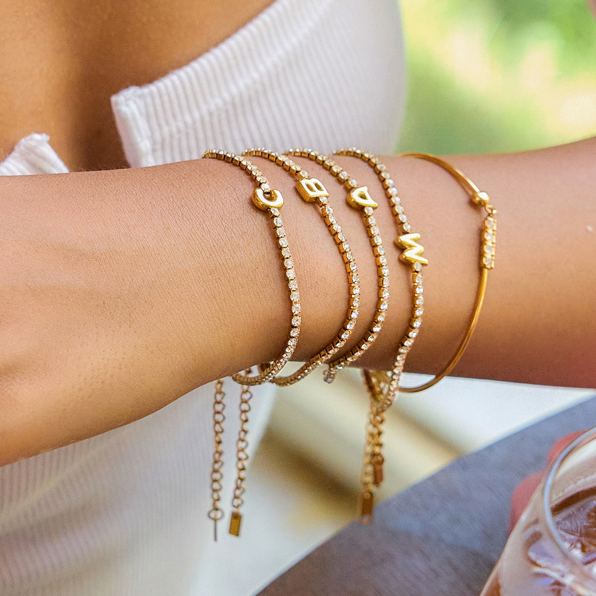 Women's Tennis Bracelet Gold Stainless Steel with Bubble Letter Design