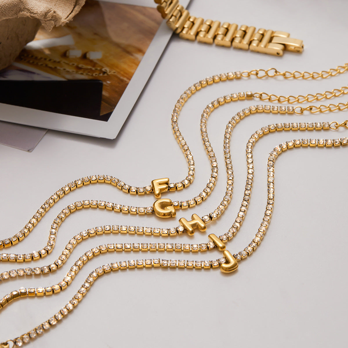 Women's Tennis Bracelet Gold Stainless Steel with Bubble Letter Design