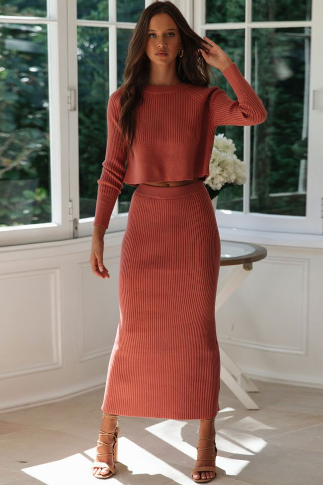 Women's Two Piece Dress Orange Red Ribbed Knit
