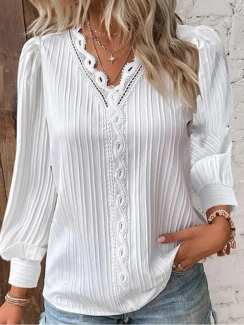 Women's V-Neck Lace Trim Blouse with Long Puff Sleeves – Relaxed Fit Summer Top