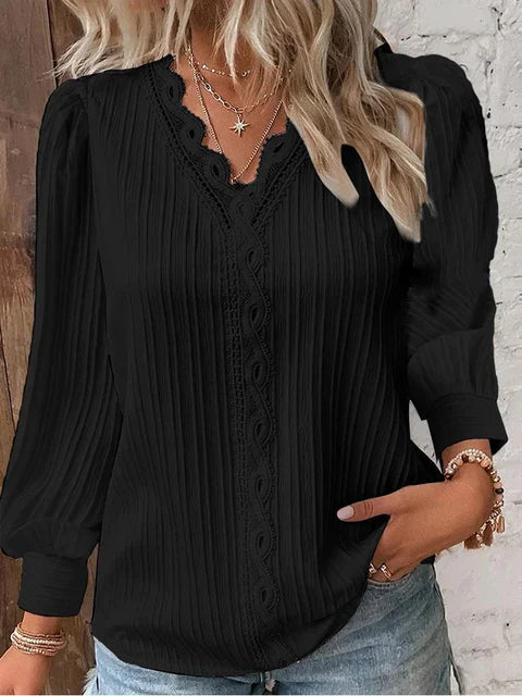 Women's V-Neck Lace Trim Blouse with Long Puff Sleeves – Relaxed Fit Summer Top