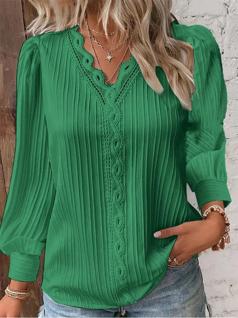 Women's V-Neck Lace Trim Blouse with Long Puff Sleeves – Relaxed Fit Summer Top