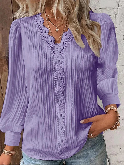 Women's V-Neck Lace Trim Blouse with Long Puff Sleeves – Relaxed Fit Summer Top