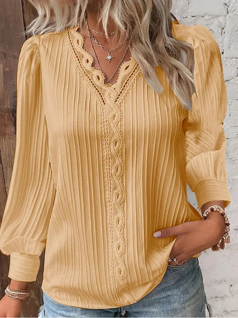 Women's V-Neck Lace Trim Blouse with Long Puff Sleeves – Relaxed Fit Summer Top