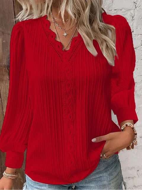 Women's V-Neck Lace Trim Blouse with Long Puff Sleeves – Relaxed Fit Summer Top