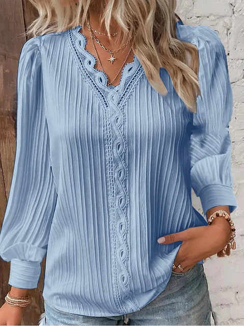 Women's V-Neck Lace Trim Blouse with Long Puff Sleeves – Relaxed Fit Summer Top