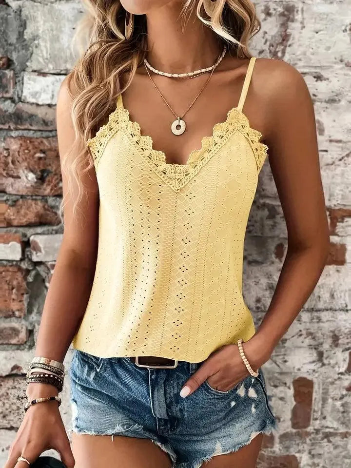 Women's V-Neck Sleeveless Eyelet Top with Adjustable Straps and Lace Trim
