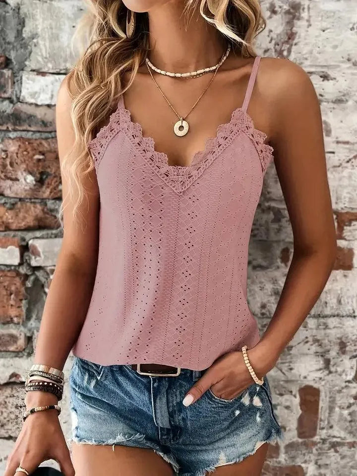 Women's V-Neck Sleeveless Eyelet Top with Adjustable Straps and Lace Trim