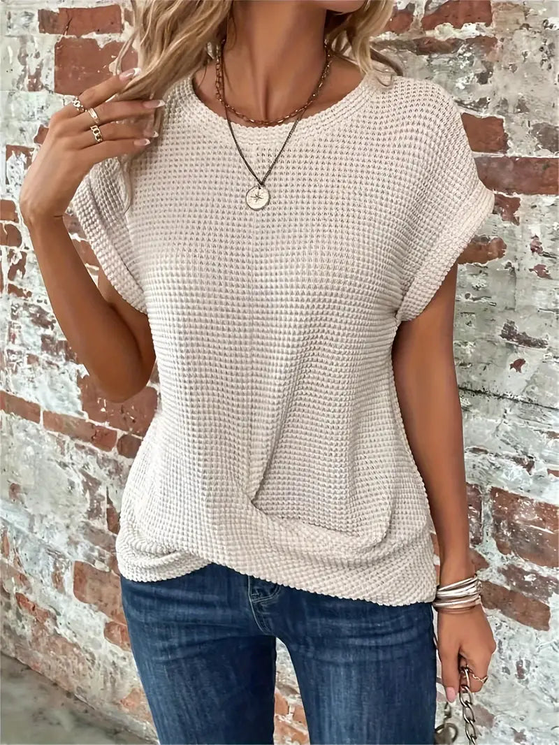 Women's Waffle Knit Top - Breathable Loose Fit Round Neck Casual Top for Spring/Summer