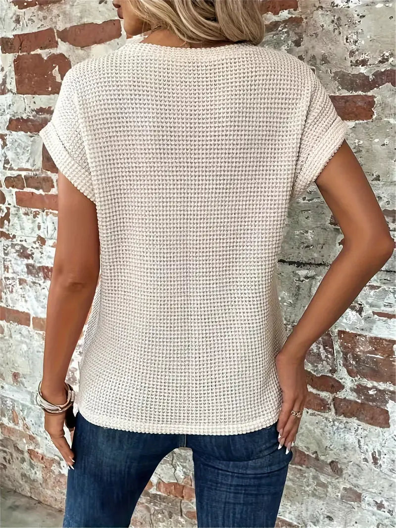 Women's Waffle Knit Top - Breathable Loose Fit Round Neck Casual Top for Spring/Summer