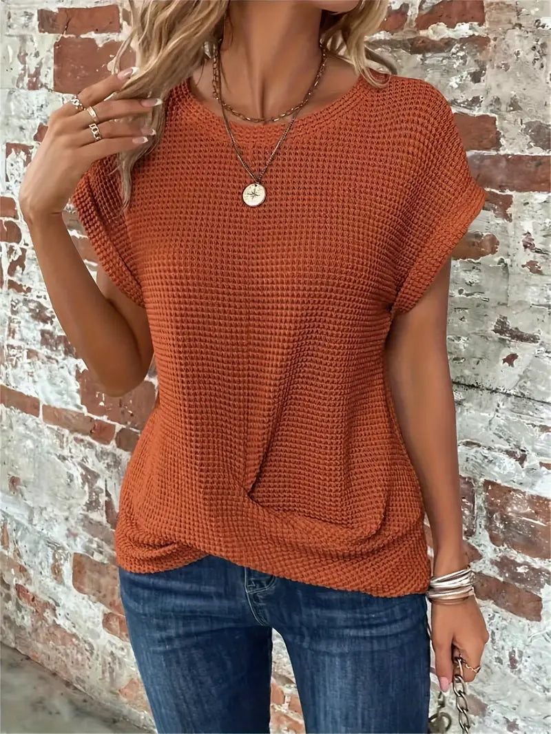 Women's Waffle Knit Top - Breathable Loose Fit Round Neck Casual Top for Spring/Summer