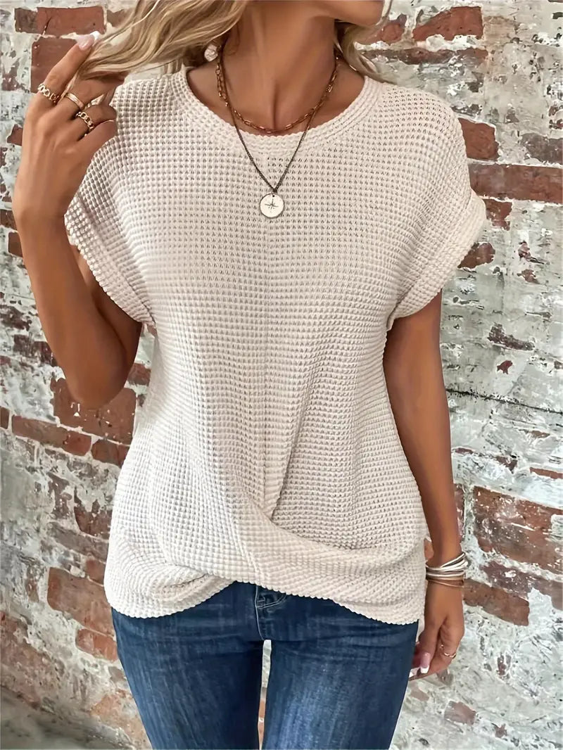 Women's Waffle Knit Top - Breathable Loose Fit Round Neck Casual Top for Spring/Summer
