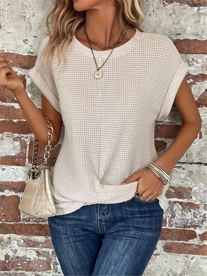 Women's Waffle Knit Top - Breathable Loose Fit Round Neck Casual Top for Spring/Summer