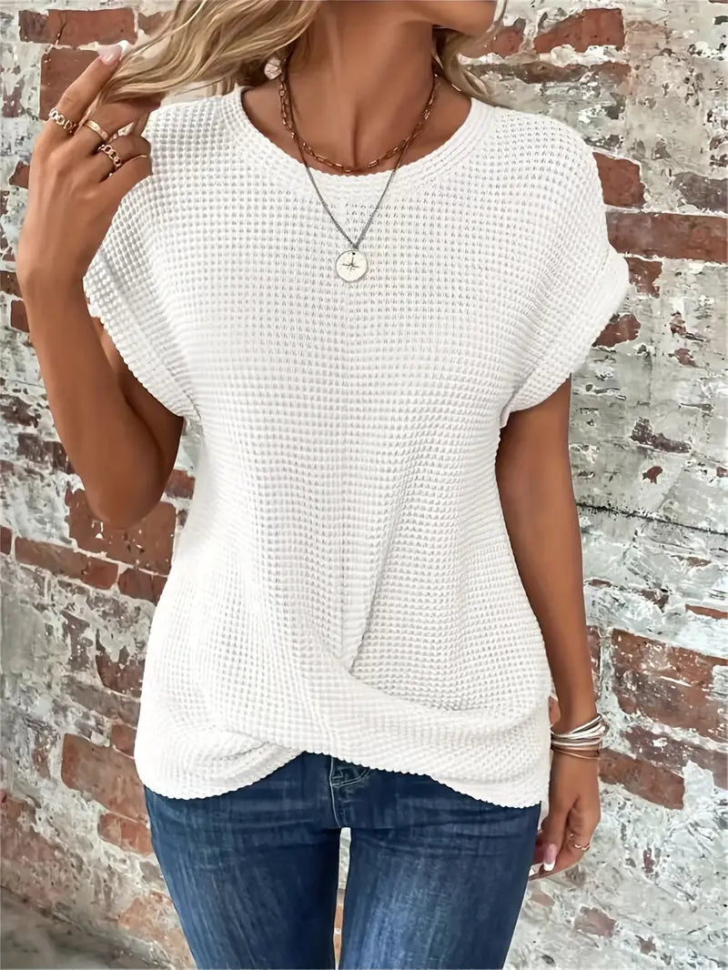 Women's Waffle Knit Top - Breathable Loose Fit Round Neck Casual Top for Spring/Summer