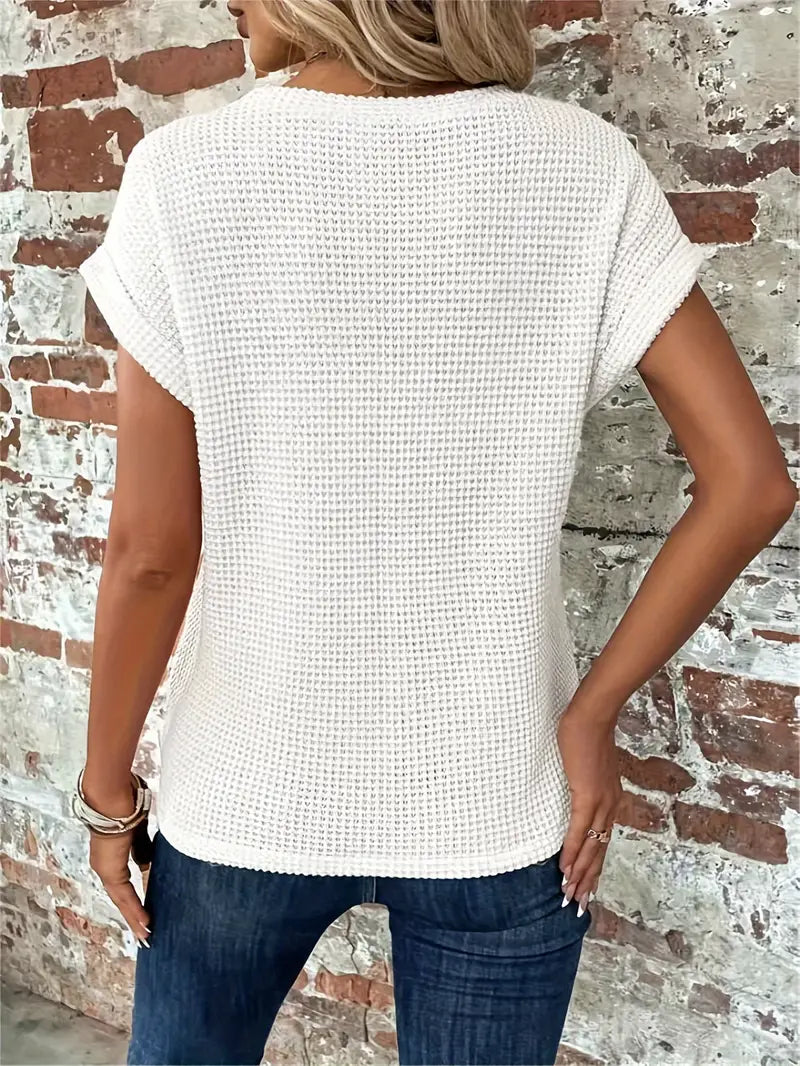 Women's Waffle Knit Top - Breathable Loose Fit Round Neck Casual Top for Spring/Summer