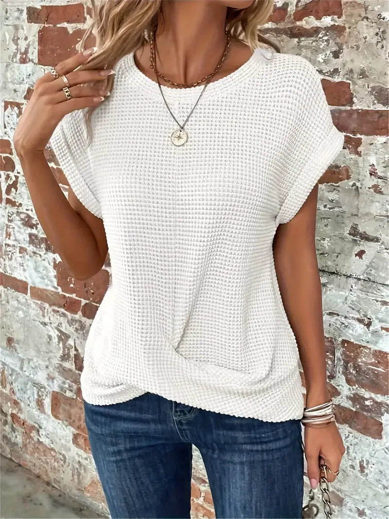 Women's Waffle Knit Top - Breathable Loose Fit Round Neck Casual Top for Spring/Summer