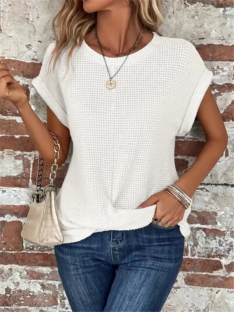 Women's Waffle Knit Top - Breathable Loose Fit Round Neck Casual Top for Spring/Summer