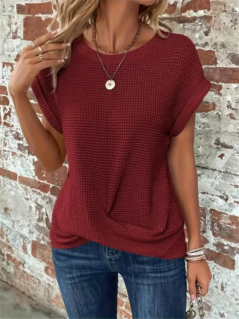 Women's Waffle Knit Top - Breathable Loose Fit Round Neck Casual Top for Spring/Summer