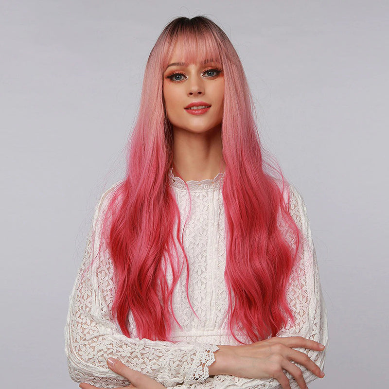 Women's Wavy Wig Ombre Pink 24 Inch Heat-Resistant Fiber
