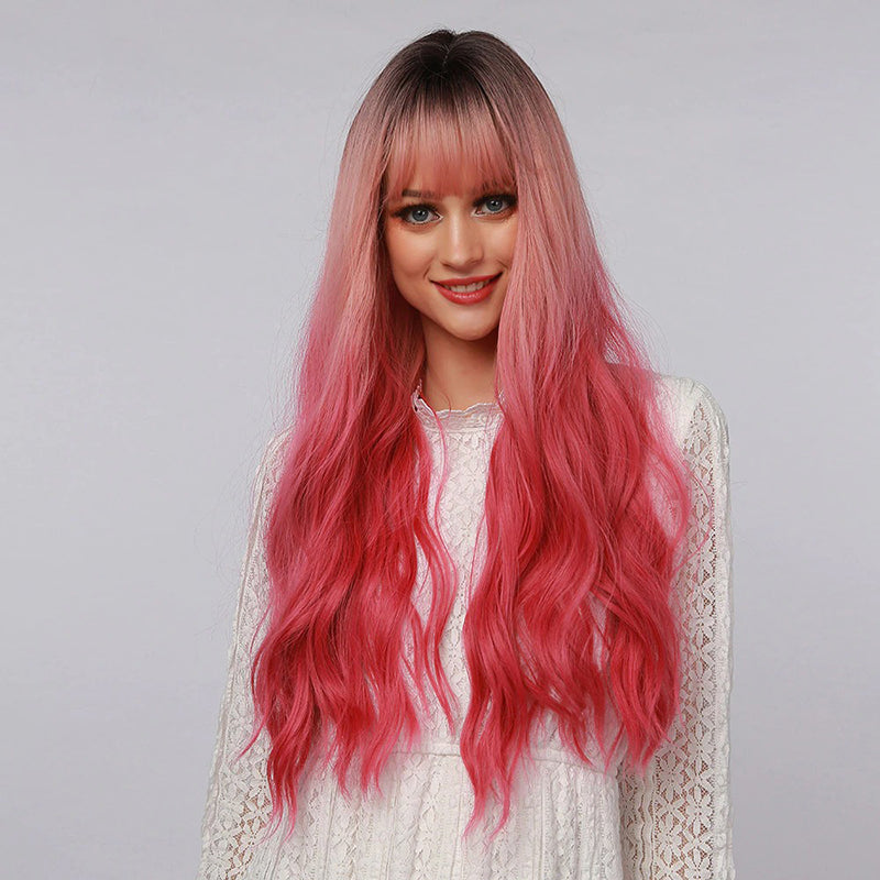 Women's Wavy Wig Ombre Pink 24 Inch Heat-Resistant Fiber