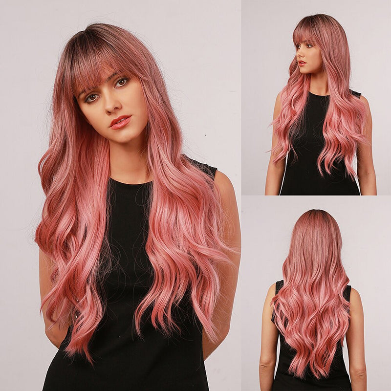 Women's Wavy Wig Ombre Pink 24 Inch Heat-Resistant Fiber
