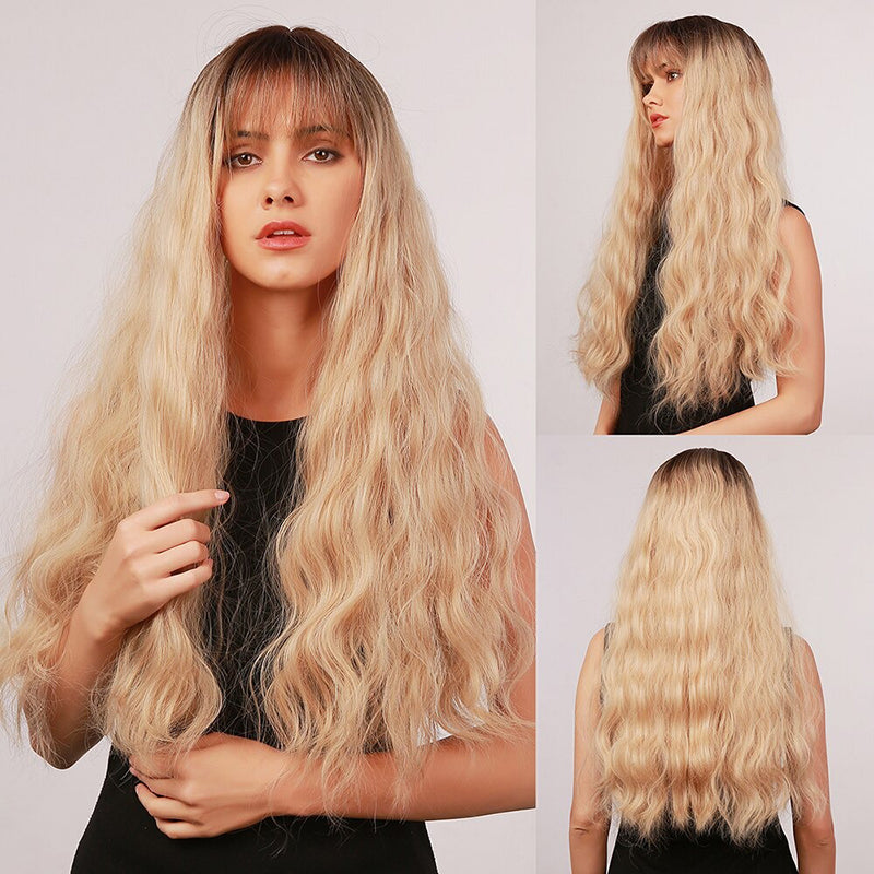 Women's Wavy Wig Ombre Pink 24 Inch Heat-Resistant Fiber