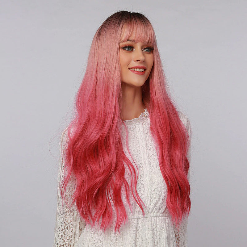 Women's Wavy Wig Ombre Pink 24 Inch Heat-Resistant Fiber