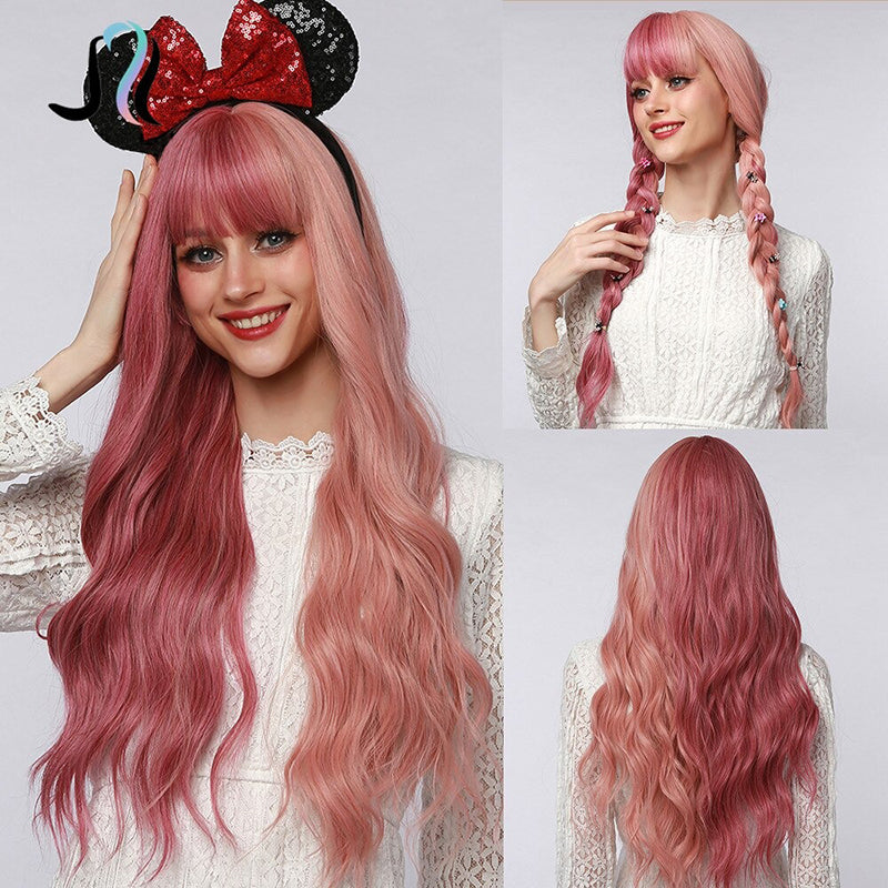 Women's Wavy Wig Ombre Pink 24 Inch Heat-Resistant Fiber