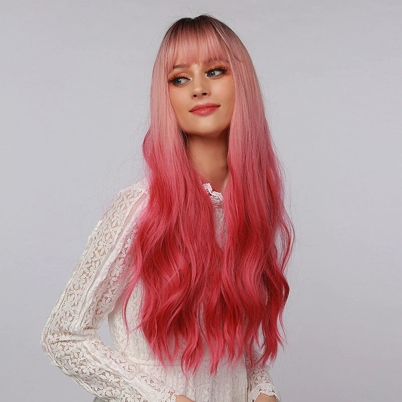 Women's Wavy Wig Ombre Pink 24 Inch Heat-Resistant Fiber
