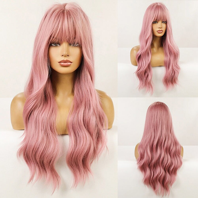 Women's Wavy Wig Ombre Pink 24 Inch Heat-Resistant Fiber